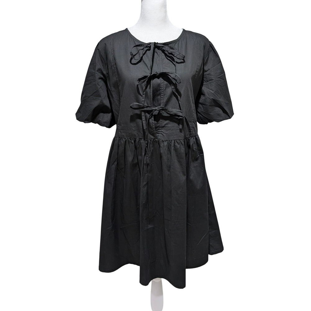 Falling Flower Black Cotton Triple Bow Front Puff Sleeve‎ Babydoll Mini Dress S